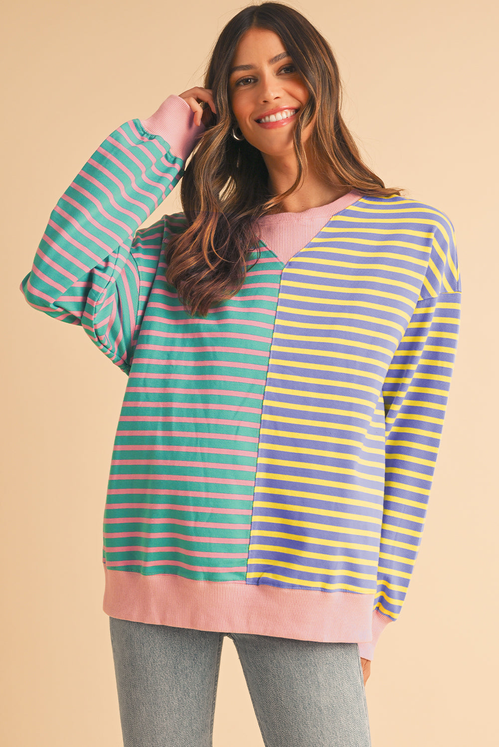 Brown Stripe Colorblock Drop Shoulder Oversize Sweatshirt