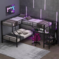 Twin over full L-shaped bunk & loft bed, Built-in Wardrobe and Desk with USB