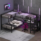 Twin over full L-shaped bunk & loft bed, Built-in Wardrobe and Desk with USB