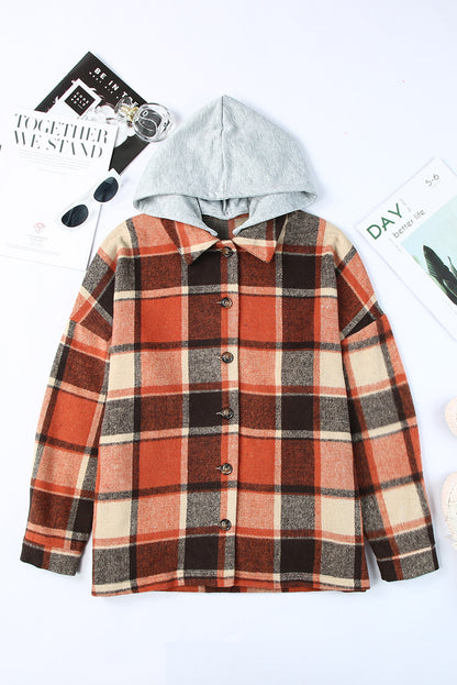 Orange Plaid Button Front Hooded Shacket - Eloy Royal