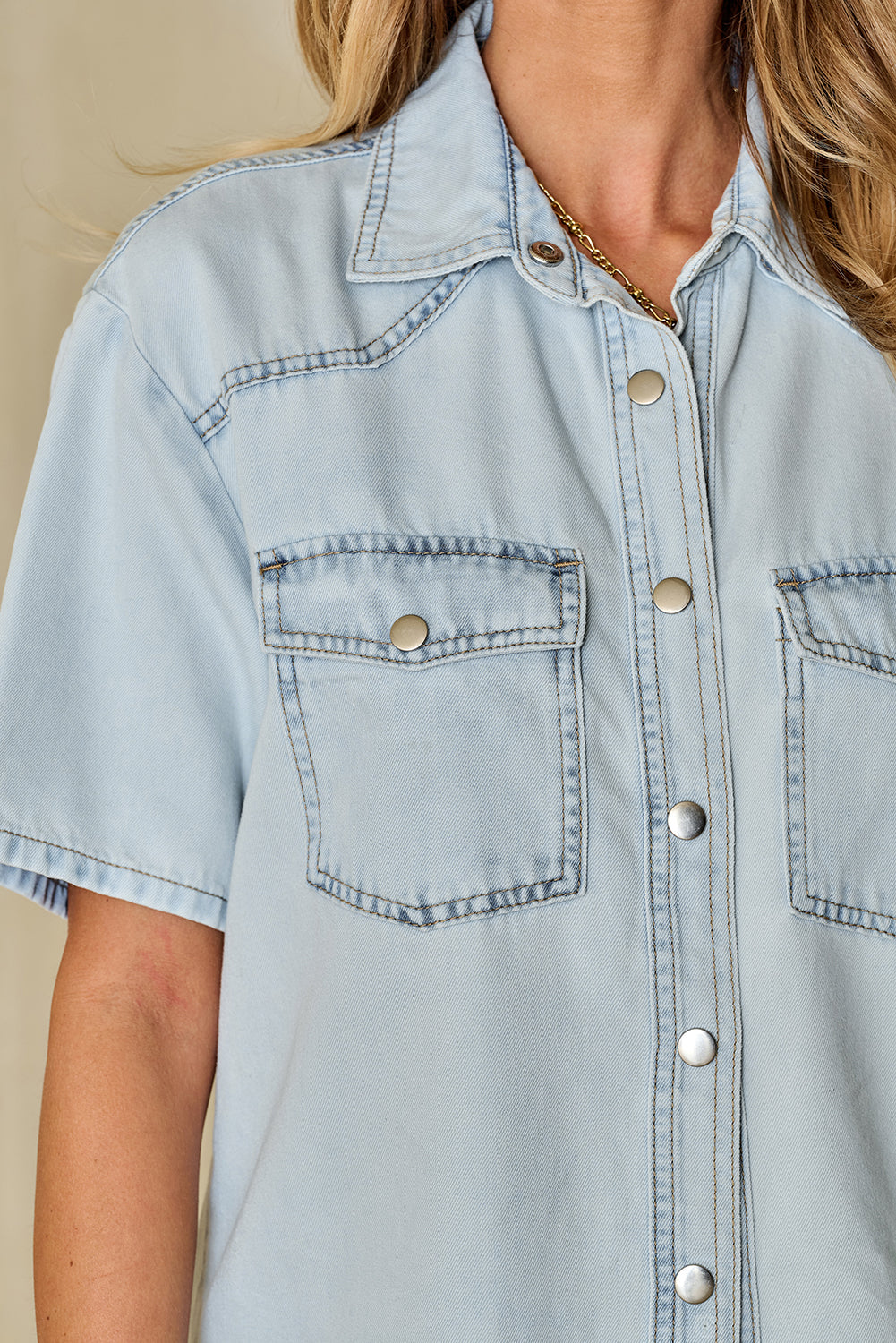 Mist Blue Light Wash Flap Pockets Rounded Hem Denim Blouse - Eloy Royal