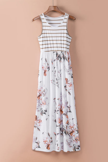 White Boho Stripes & Floral Print Floor Length Tank Dress - Eloy Royal