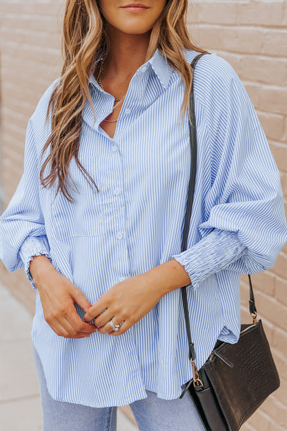 Light Blue Striped Casual Shirred Cuffs Shirt - Eloy Royal