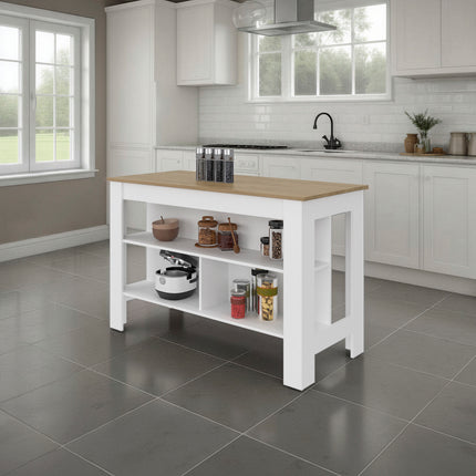 Yoder Kitchen Island with Open Storage Shelves for Home Organization, White and Natural Oak