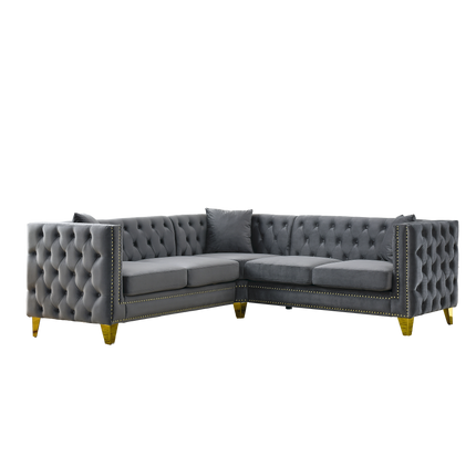 Gray Velvet L-Shaped Corner Sofa, 5-Seater Sectional with Tufted Design, Solid Wood Frame, Metal & Plastic Legs, for Living Room, Bedroom, Apartment
