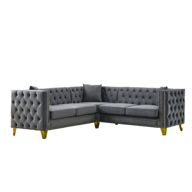 Gray Velvet L-Shaped Corner Sofa, 5-Seater Sectional with Tufted Design, Solid Wood Frame, Metal & Plastic Legs, for Living Room, Bedroom, Apartment