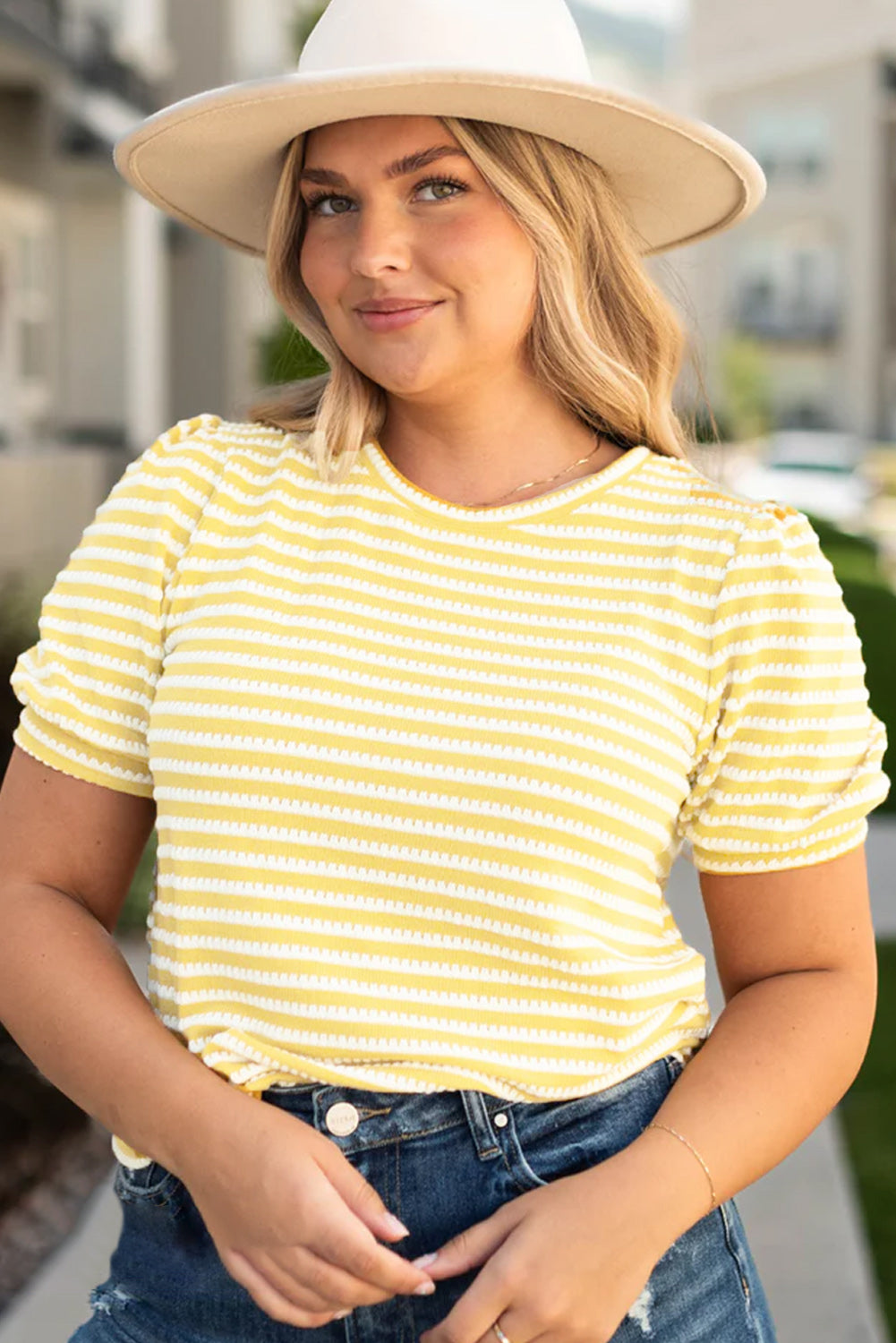 Yellow Stripe Short Puff Sleeve Plus Size Top - Eloy Royal