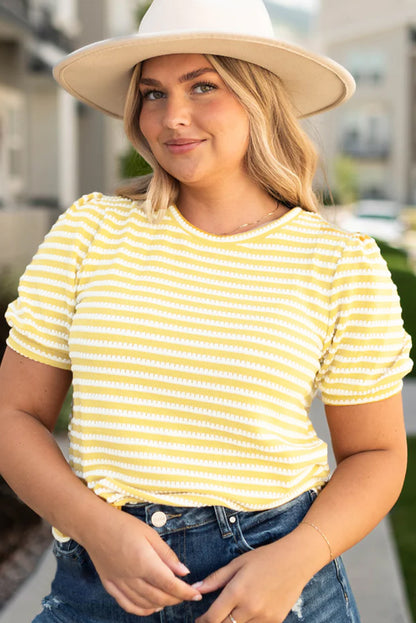 Yellow Stripe Short Puff Sleeve Plus Size Top - Eloy Royal