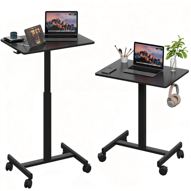 26'×19' Black Middle Column Mobile Height Adjustable Desk, Gas Spring Height Regulation, Lockable Universal Casters, With Headphone Hook, Mini Desk