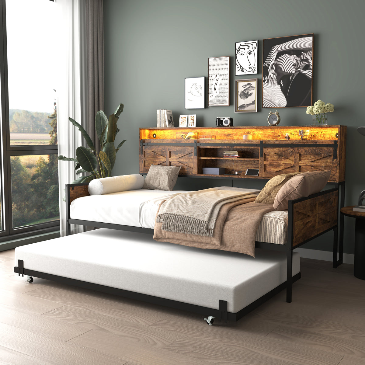 Twin Daybed with Trundle, Farmhouse Daybed Frame with Sliding Barn Door Headboard and Charging Station & LED Light for Bedroom and Guest Room, Rustic Brown
