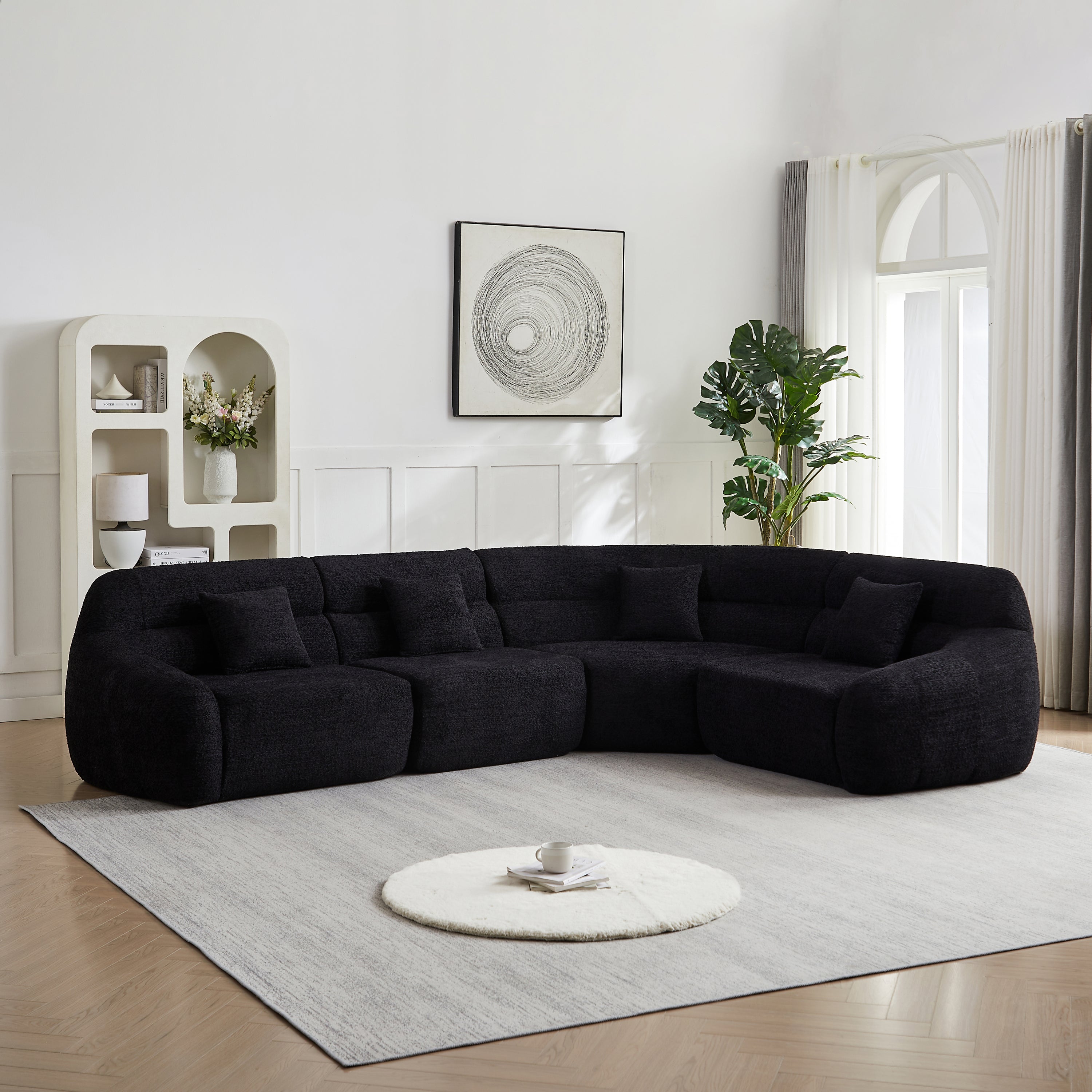 123.2-inch Modern Luxury Curved Corner Sectional Sofa, Chenille Modular Cloud Sofa, Four Pillows, High-Back Oversized Four-Seater Living Room Sofa,No Assembly Required,black