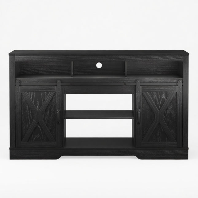 58' Black Modern Farmhouse TV Stand for 65+ TVs with Sliding Barn Doors & Adjustable Storage