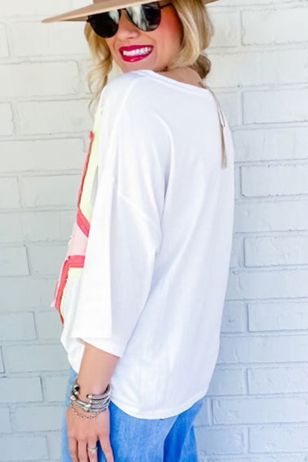 Light Pink Colorblock Star Patched Half Sleeve Oversized Tee - Eloy Royal