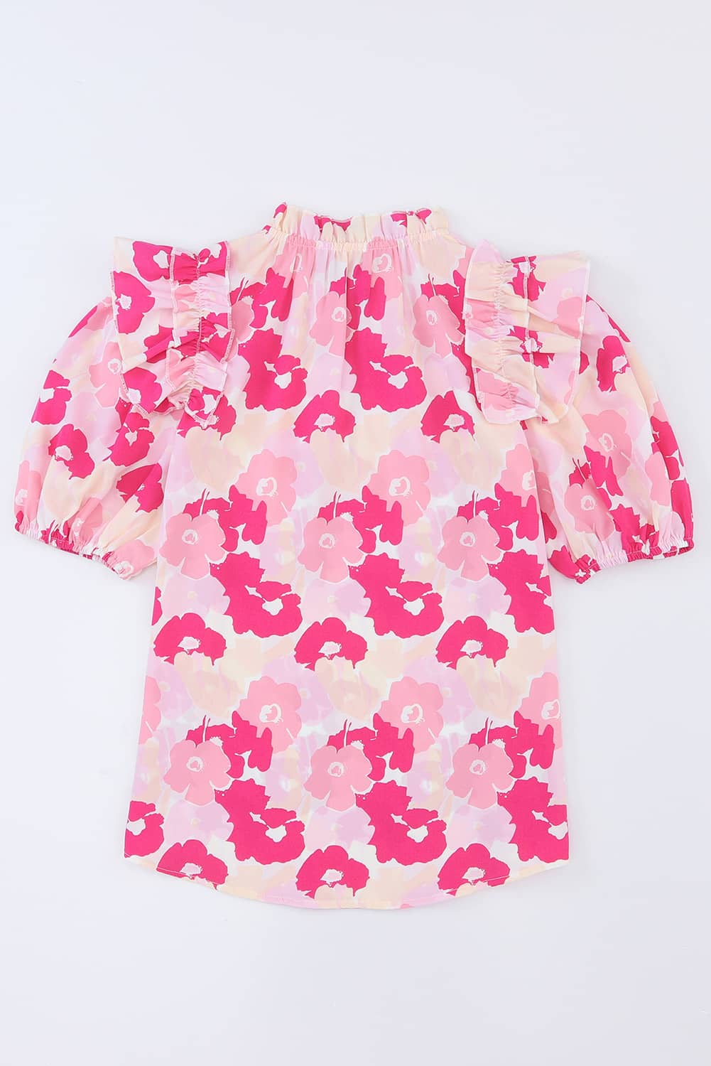 Pink Split Neck Ruffled Puff Sleeves Floral Top - Eloy Royal