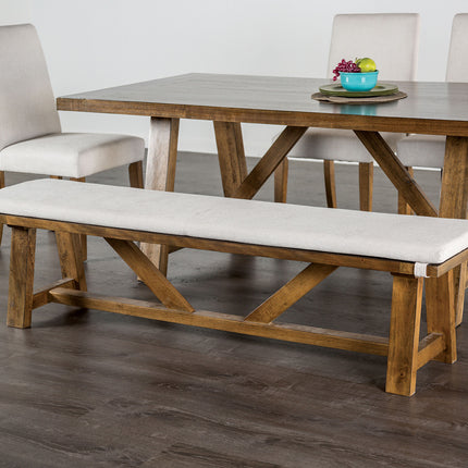 Modern Upholstery Bench With Cushion Rustic Style Trestle Base Upholstered Seat Brown And White Finish