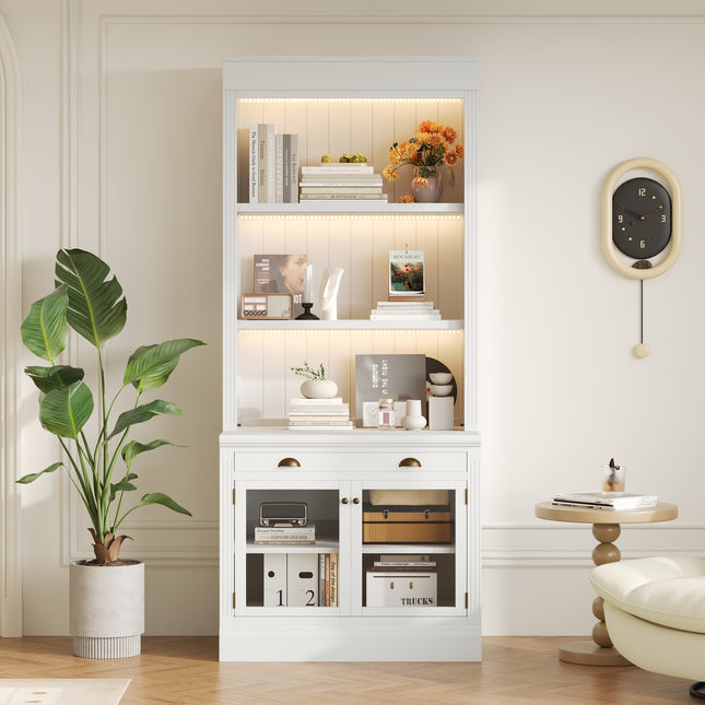 83.4'Tall Bookshelf with LED Lighting, Modern Bookcase with 2 Glass Doors and 1 Drawer,Storage Bookcase with Open Shelves for Living Room,Home Office,White