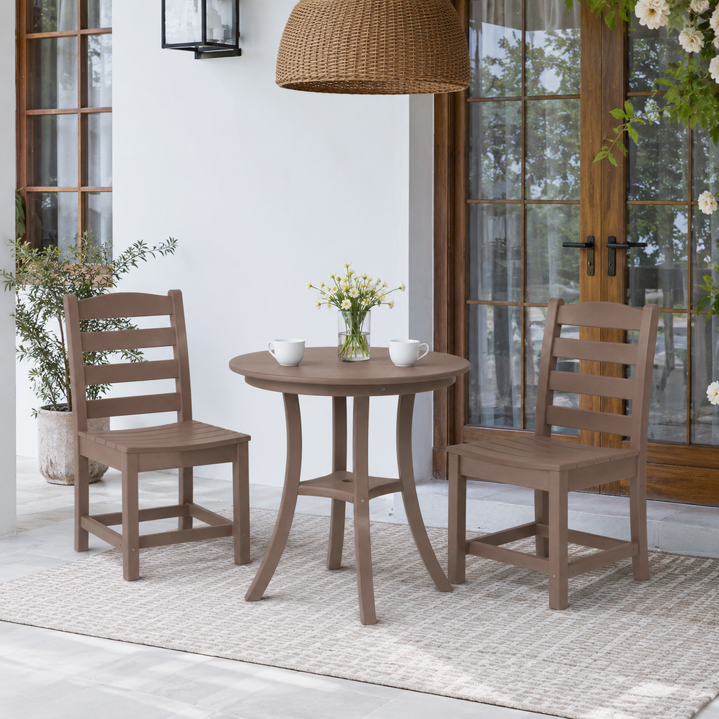 Brown HDPE 3-Piece Outdoor Bistro Set, 30 in. Round Patio Table with Umbrella Hole and 2 Armless Chairs