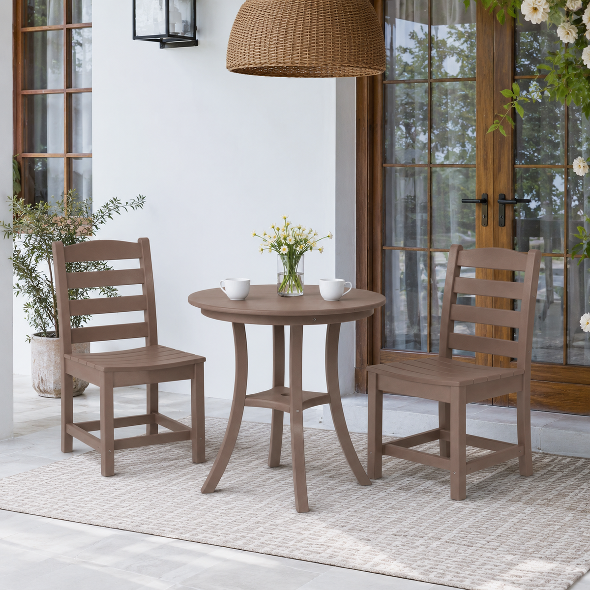 Brown HDPE 3-Piece Outdoor Bistro Set, 30 in. Round Patio Table with Umbrella Hole and 2 Armless Chairs