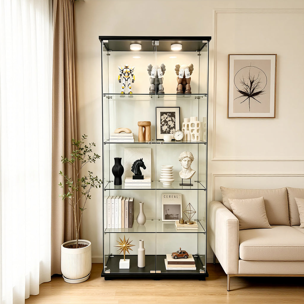 5-Tier Glass Display Cabinet with Lights, Double Doors and Lock, Curio Cabinet Tempered Glass Floor Standing Bookshelf for Living Room, Bedroom, Office, 74 x 31 x 14 in, Black