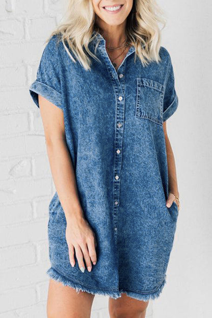 Blue Mineral Wash Cuffed Sleeve Frayed Hem Denim Dress - Eloy Royal