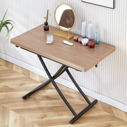 Modern minimalist multifunctional lifting table, with a 0.8-inch wood grain process sticker desktop and black metal legs, can be used as a dressing table, coffee table, dining table, and office table