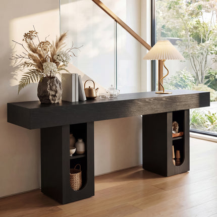 63 Inch Long Console Table with Outlet, Entryway Table with Storage Shelves, Thick Heavy Duty High Density MDF Farmhouse Sofa Table for Hallway Behind Couch,Living Room,Black