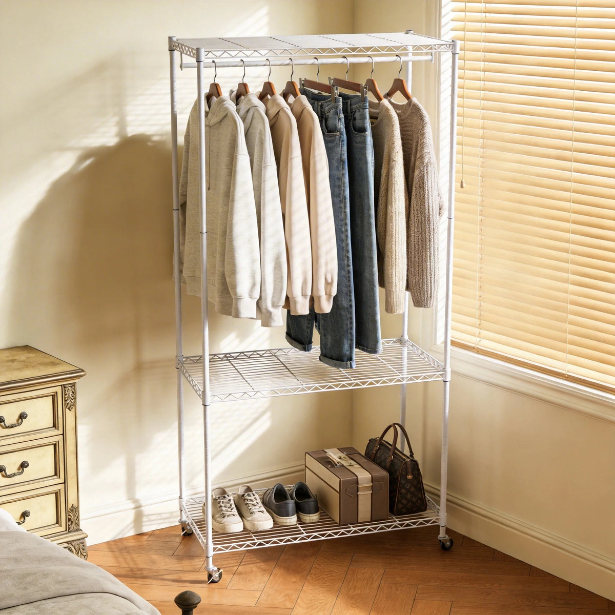 Rolling Clothes Rack, Garment Rack, Heavy Duty Garment Rack, Freestanding Clothes Rack, Closet Organizer and Storage (35.43' D x 17.72' W x 73.23' H)