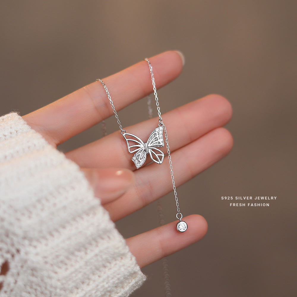 S925 Silver Hollow Butterfly Necklace With Rhinestones Luxury Diamond Tassel Pendant Clavicle Chain Women's Jewelry