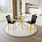 Modern Glass Bar Table and Fixed-Height Bar Stools Set of 2, Contemporary Counter Height Pub Table with Gold Chrome Legs, Black PU Leather Bar Chairs for Kitchen Island, Home Bar, Small Space