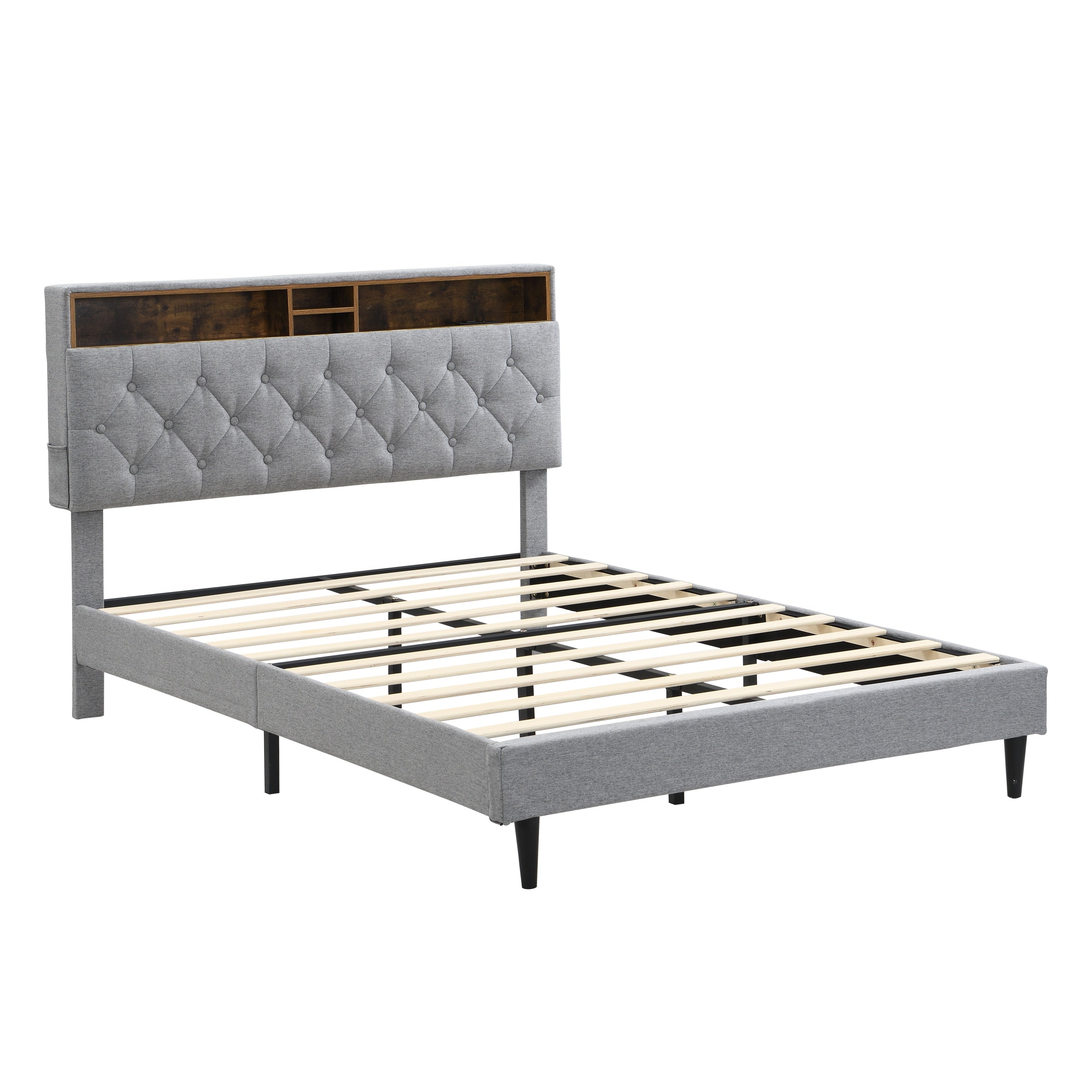 Modern Queen-Size Upholstered Platform Bed Frame with Button-Tufted Linen Fabric Headboard and USB Ports in Light Grey