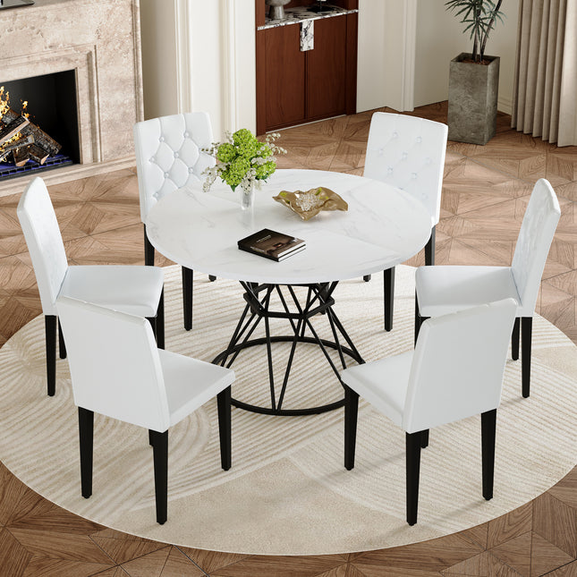 Table and chair set. A circular white MDF dining table with a diameter of 47.3 inches,black hourglass shaped metal brackets.Paired with 6 white PU dining chairs: ergonomic buckle backrest.