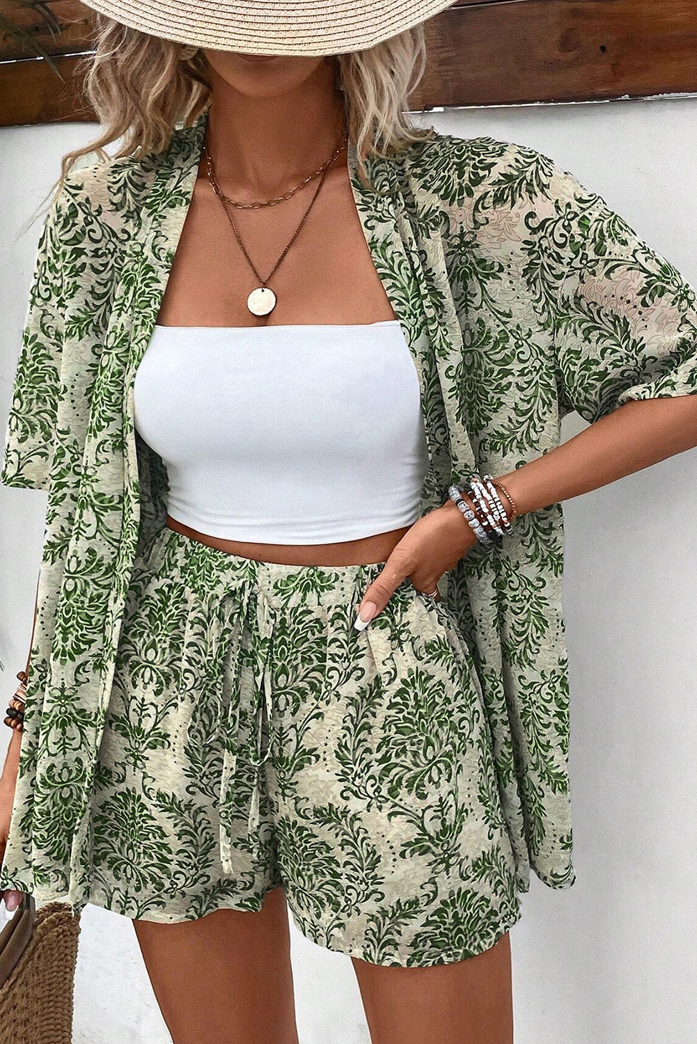 Green Floral Open Front Shirt and Drawstring Shorts Set - Eloy Royal