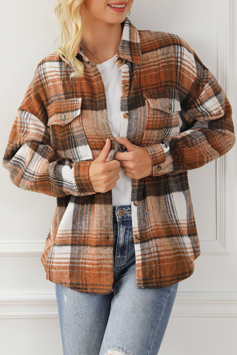 Pink & Grey Plaid Button Up Collared Flannel Shacket - Eloy Royal