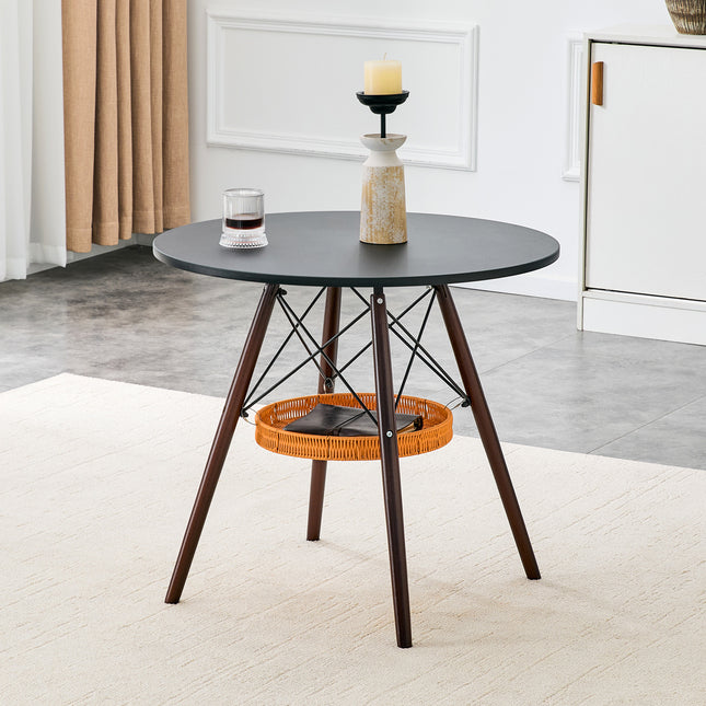 31.5-inch diameter circular dining table, black MDF vacuum formed tabletop, walnut solid wood legs, with suspended woven storage basket structure. A casual coffee table suitable for 2-4 people.