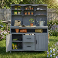 (With Assembly Video)TOPMAX Large Fir Wood Potting Bench, 45.3''L Multi-Functional Outdoor Patio Kitchen Island with Hutch, Cabinets, Drawers & Hooks , Large Countertop for Gardening, Grill, Gray