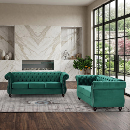 Chesterfield 2-Piece Crushed Velvet Living Room Sofa Set, 3-Seater Sofa & 2-Seater Loveseat Combo, Button Tufted Rolled Arms, Solid Wood Tapered Legs, High Density Foam & Spring Cushions