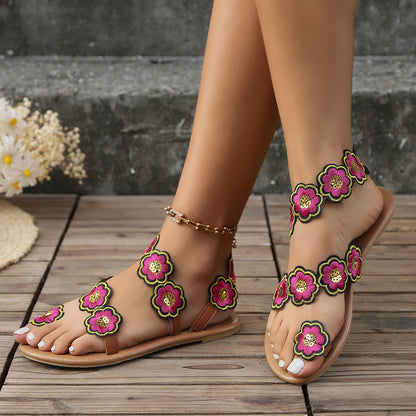 Ethnic Style Flowers Flat Sandals Summer Vacation Casual Clip Toe Beach Shoes For Women - Eloy Royal