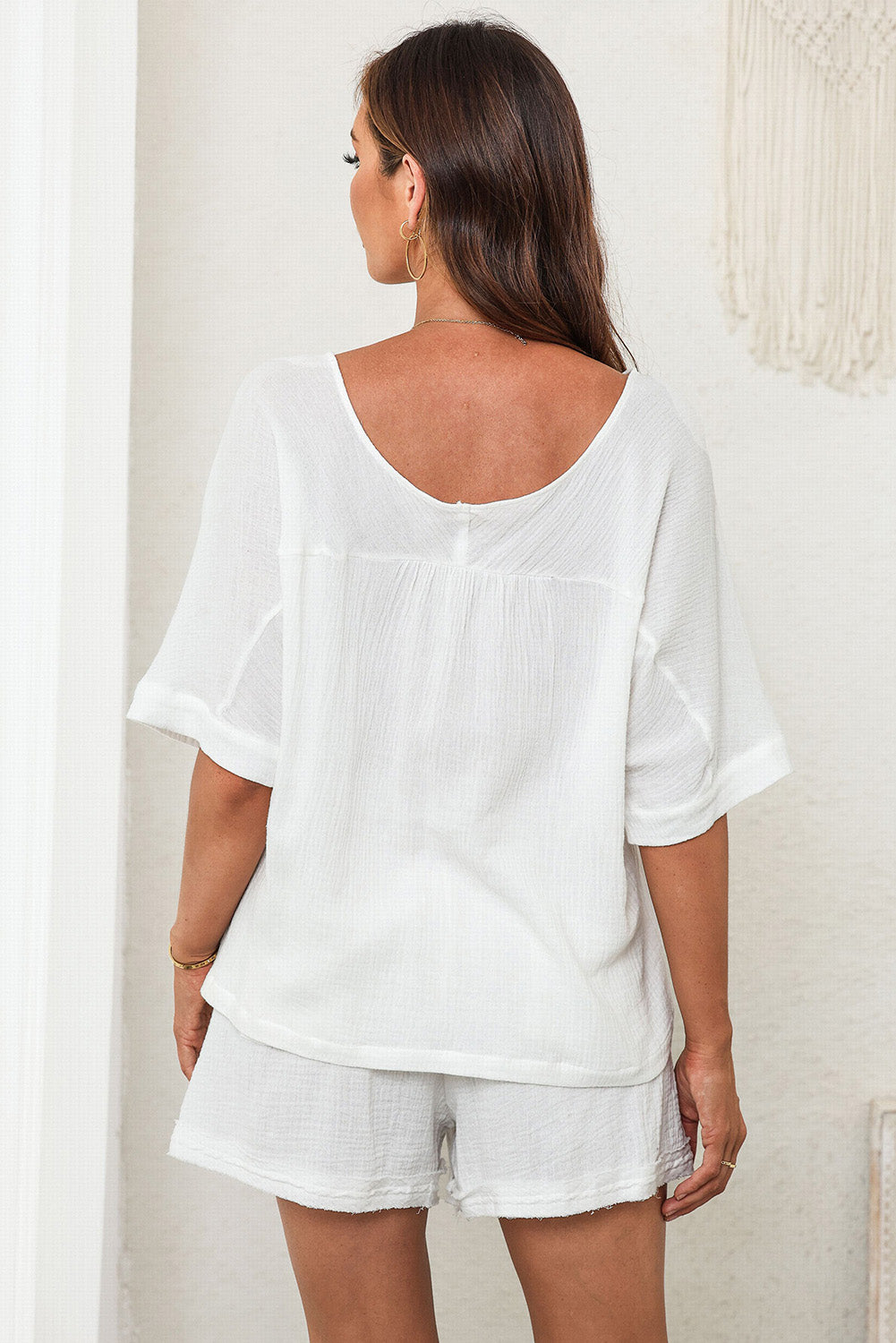 White Loose V Neck Blouse & Drawstring Raw Hem Shorts Set - Eloy Royal