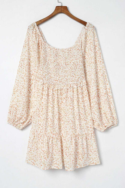 Apricot Boho Floral Smocked Puff Sleeve Short Dress