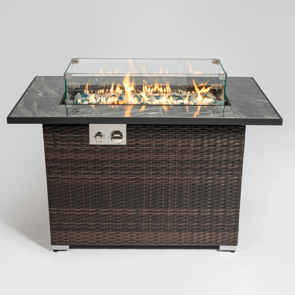 44' Propane Gas Fire Pit Table, 50000 BTU Rectangular Fire Pit, Tile Tabletop with Beautiful Wicker Base for Outside Patio Deck Garden Courtyard-Brown - Eloy Royal