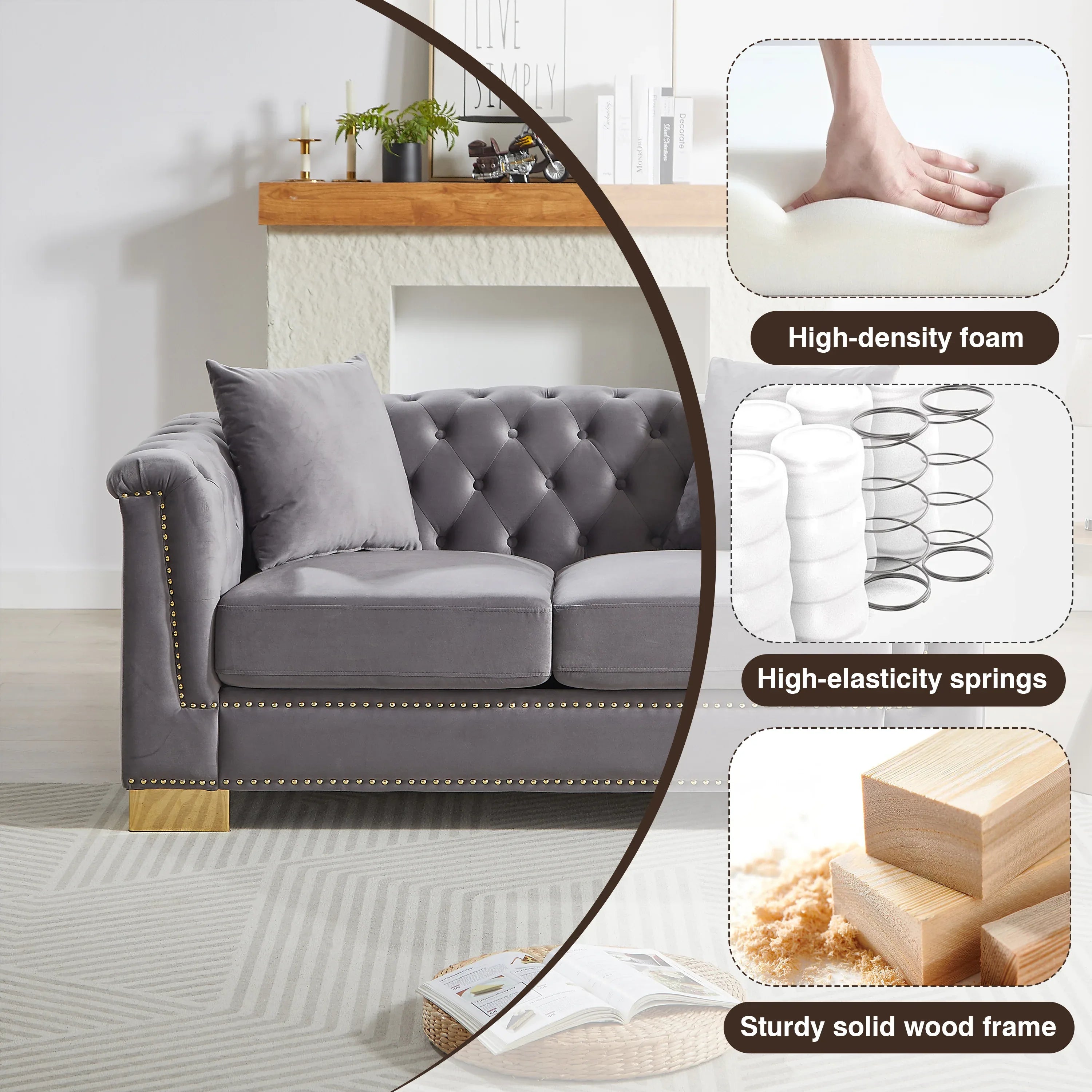 {Video] Classic Modern Style Sofa, 62-inch Chesterfield Classic Rolled Arm Tucked-in Nailhead Decor Cloud Two-Seater Velvet Sofa, Luxury Double Sofa Suitable for Living Room, Bedroom, Apartment, Grey - Eloy Royal