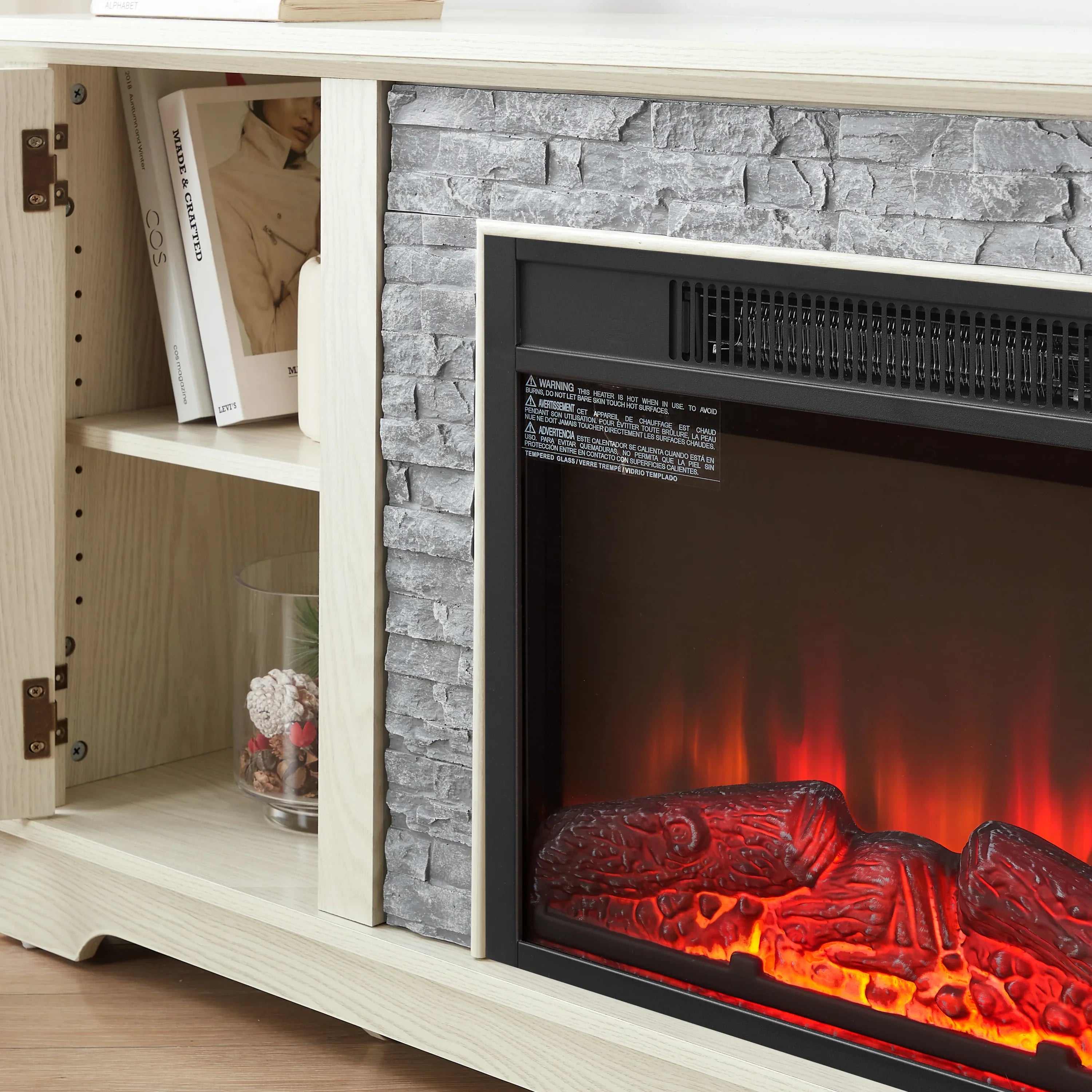 70' Modern TV Stand with 2-Door Storage & 23' Electric Fireplace, Faux Stone Media Console Cabinet, White Large Entertainment Center for Living Room - Eloy Royal