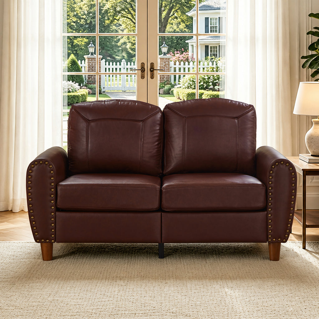 59' Classic Living Room Sofa Loveseat Faux Leather Couch,Rolled Arm Sofa with Nails,Solid Wood Legs,Upholstered Breathable PU Leather Burgundy.