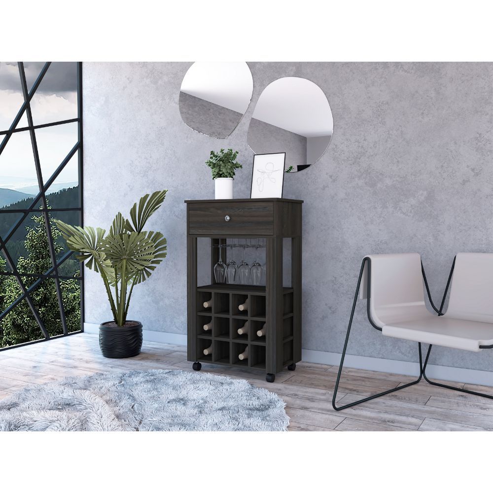 Ace Bar Cart, With Twelve Built-in Wine Rack, Casters, Drawer, Glass Rack-Espresso