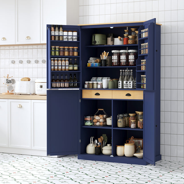 ]TOPMAX 40.2x20x71.3inch High Freestanding Kitchen Pantry Large Cupboard Storage Cabinet with 2 Drawers, 2 Adjustable Shelves, 8 Door Shelves for Kitchen, Dining Room,Blue