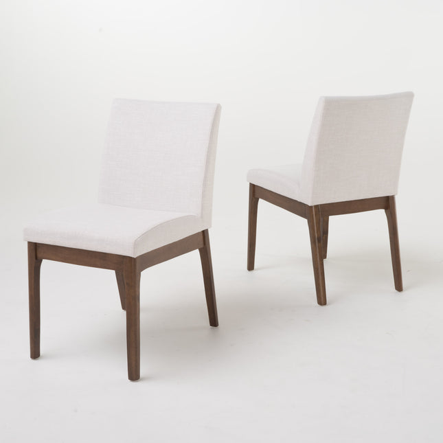 Mid-Century Modern 5-Piece Dining Set with Solid Rubberwood Table and Upholstered Chairs in Walnut and Light Beige, Fabric and MDF Construction