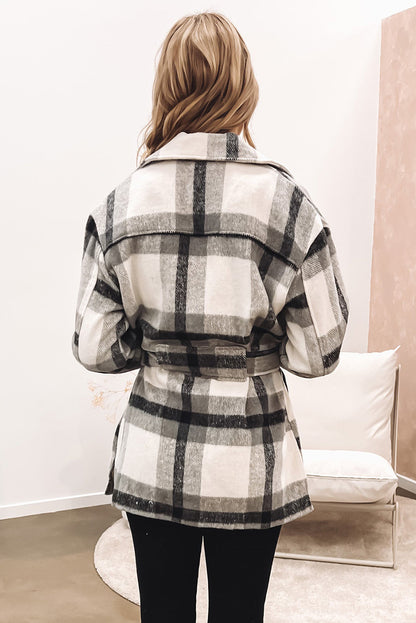 Black Plaid Button-Up Flap Pocket Belted Jacket - Eloy Royal