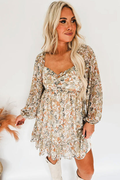 Floral Print Boho Ruched Sweetheart Neck Frilled Dress - Eloy Royal