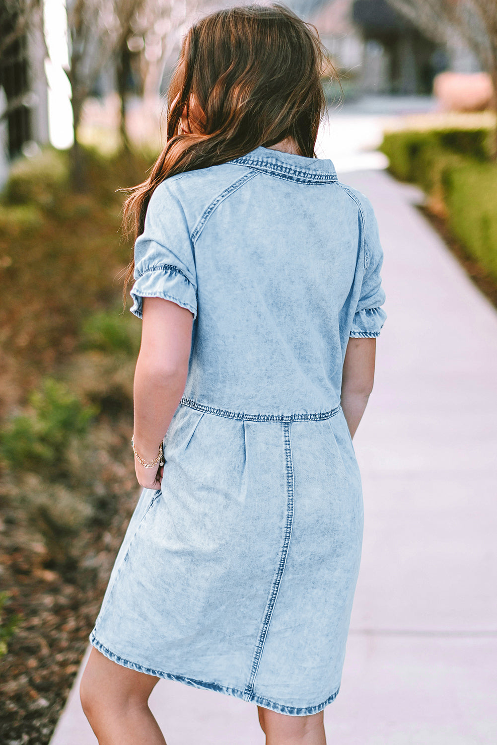 Blue Mineral Washed Ruffled Short Sleeve Pocketed Denim Dress - Eloy Royal