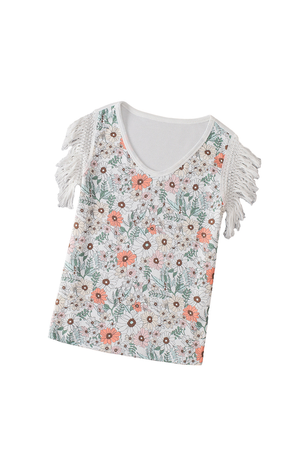 White Boho Floral Print Fringe Shoulder Sleeveless Shirt - Eloy Royal